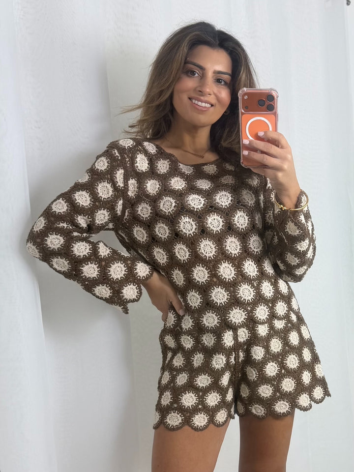 Brown Crochet Long Sleeve Top & Shorts Co-Ord