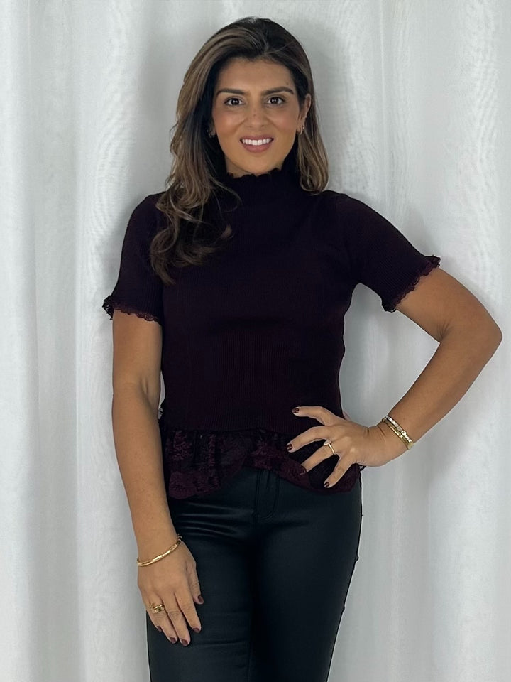 Lace Trim Ribbed High Neck Short Sleeve Top (4 Colours)