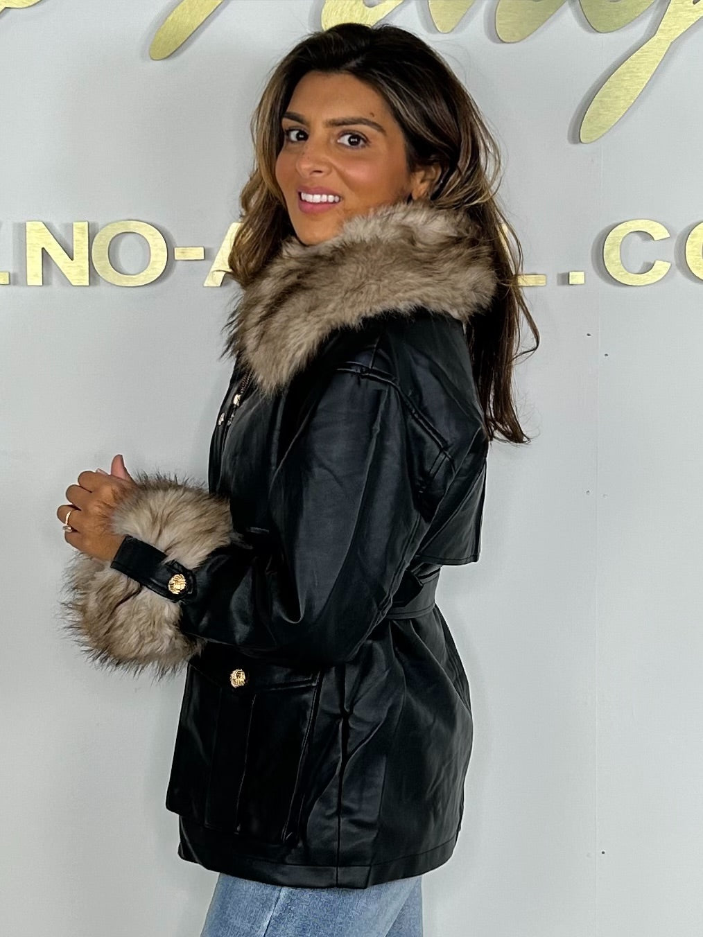 Black Faux Fur & Leather Belted Zip Up Jacket
