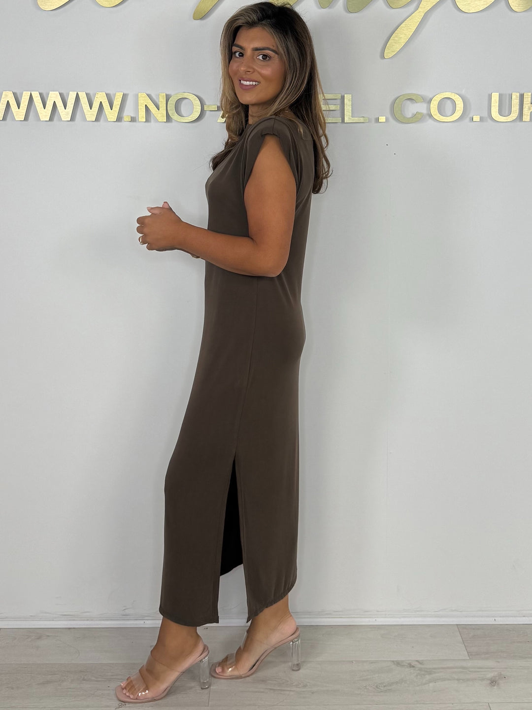Round Neck Shoulder Pad Side Split Midi Dress (6 Colours)