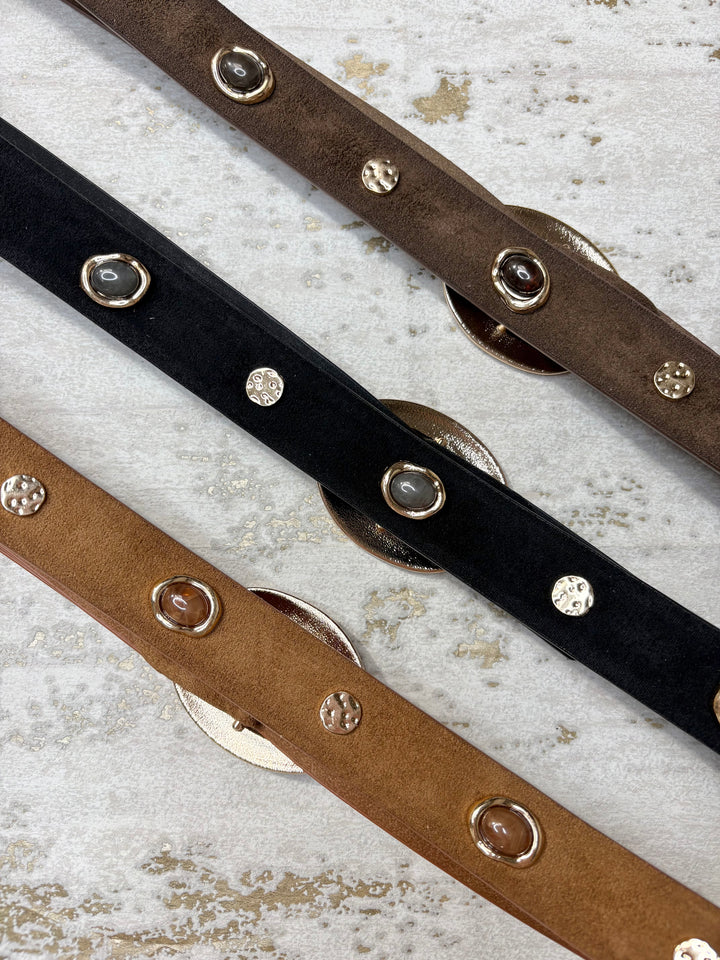 Gold Stone And Stud Suedette Thin Belt (3 Colours)