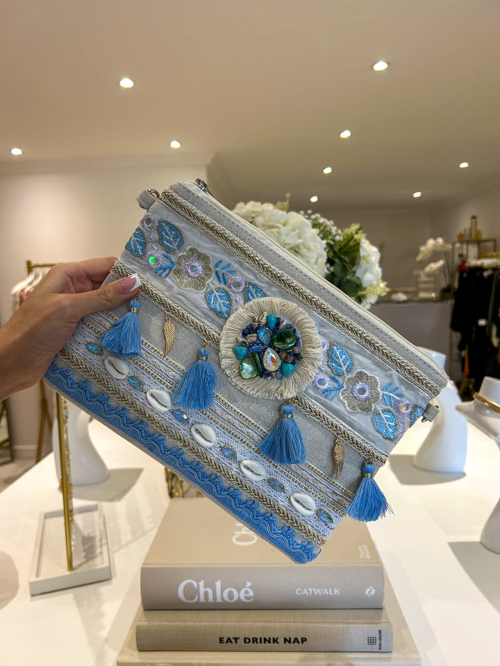 Blue Tassel Shell Detail Clutch Bag