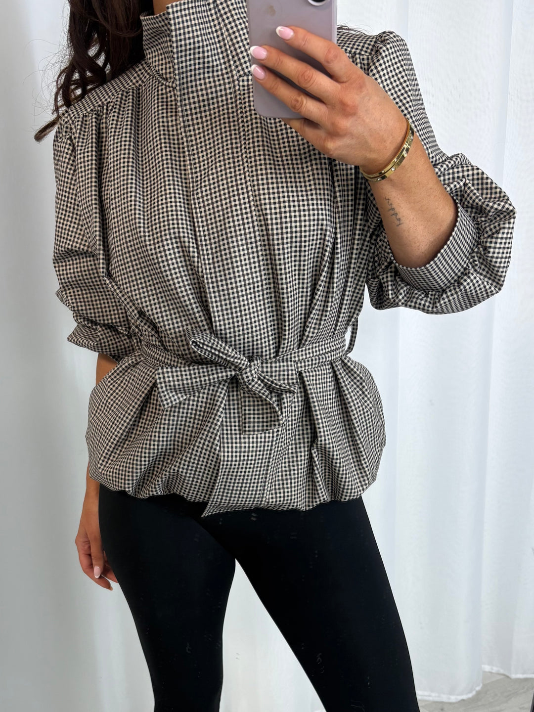 Checked Funnel Neck Zip Up Puff Ball Jacket