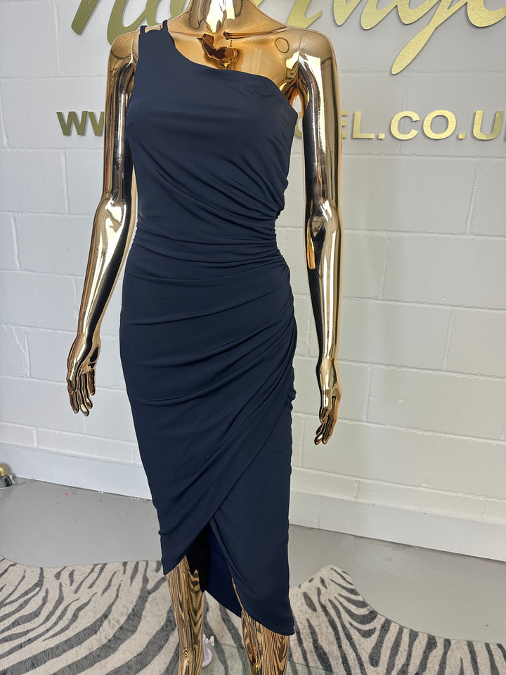Navy One Shoulder Ruched Midi Dress