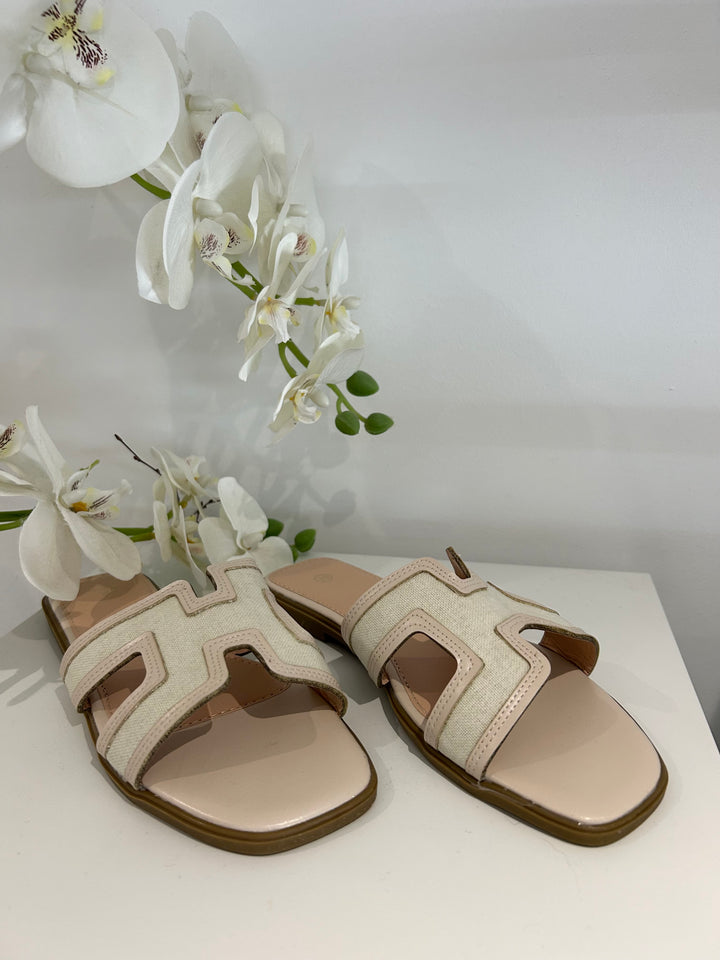 Block Canvas Faux Leather Trim Slider Style Sandal (2 Colours)