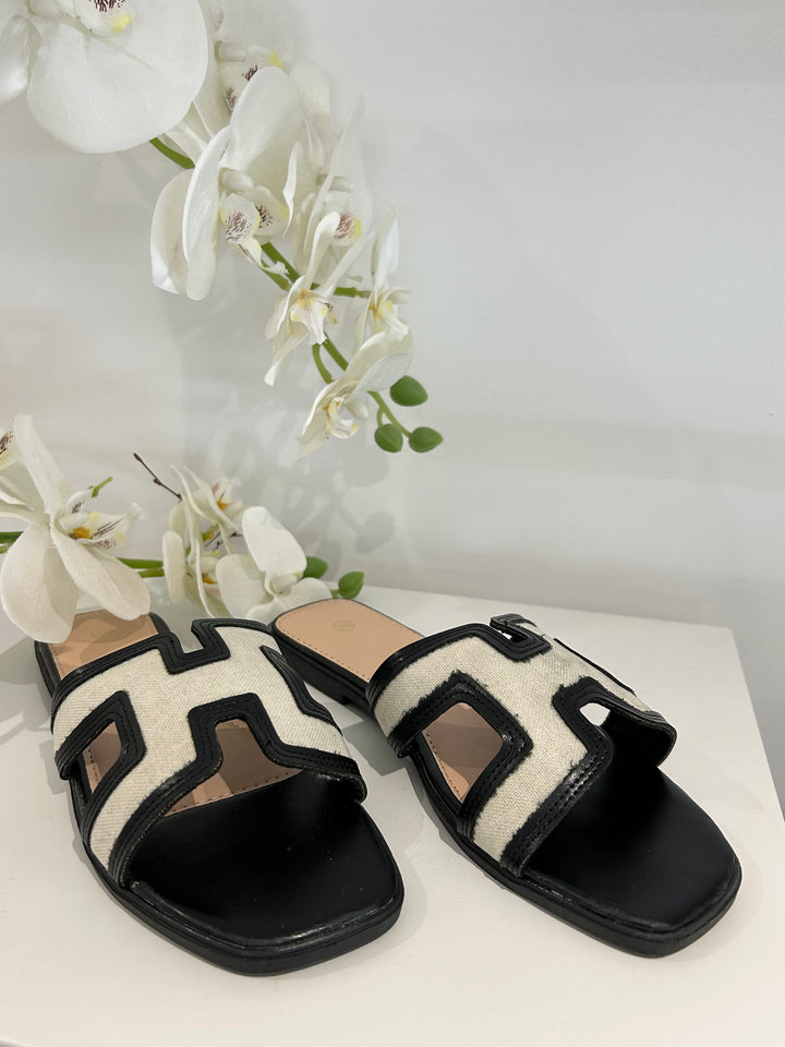 Block Canvas Faux Leather Trim Slider Style Sandal (2 Colours)
