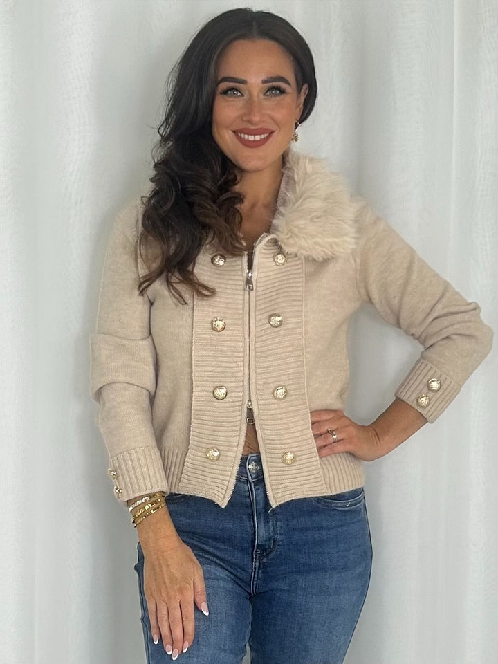 Faux Fur Collar Military Knit Cardigan