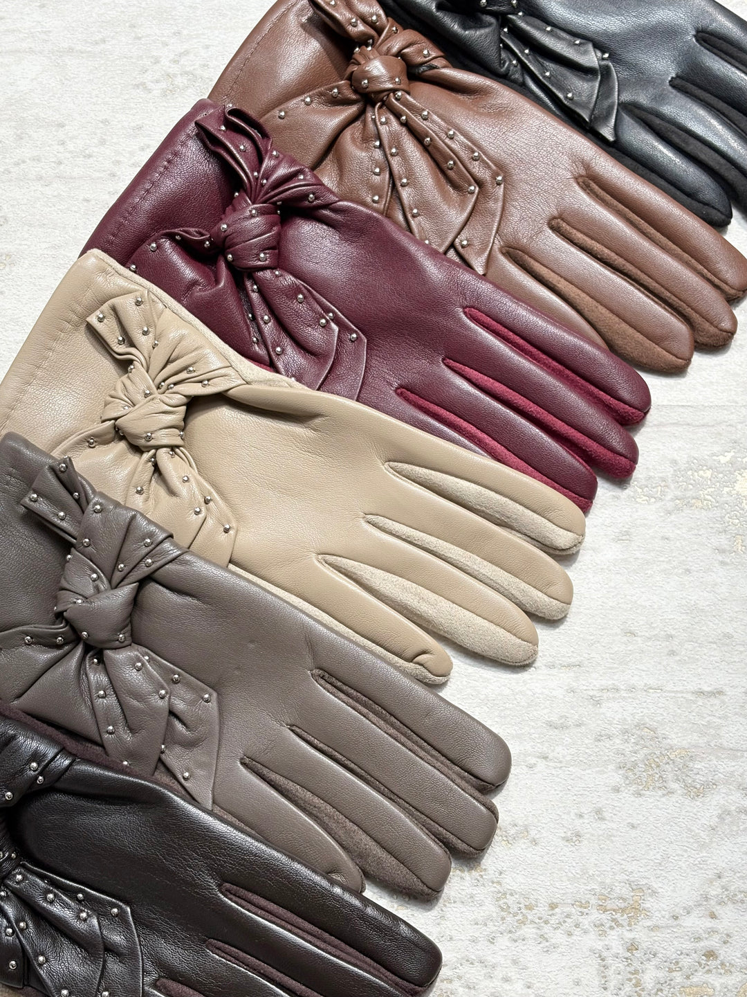 Faux Leather Gloves Studded With Bow (6 Colours)