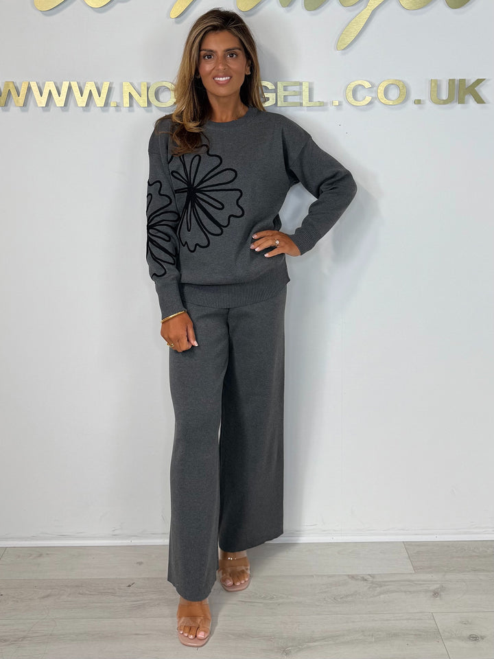 Soft Knit Round Neck Flower Embossed Trouser Co-ord (2 Colours)