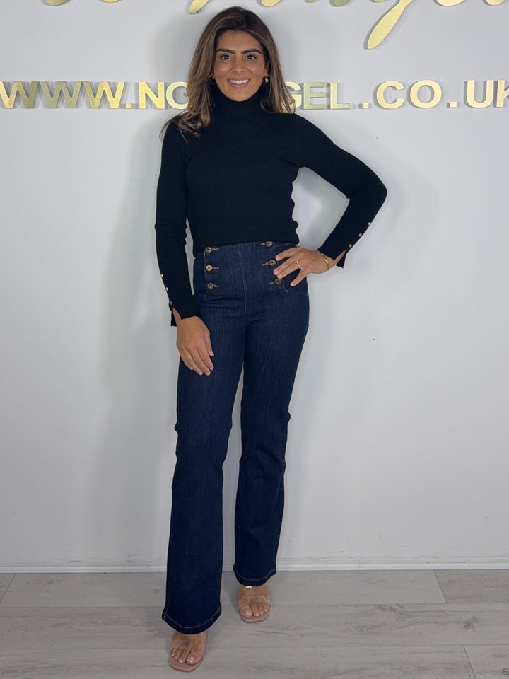 Dark Denim Gold Button Detail Stretchy Flared Jean