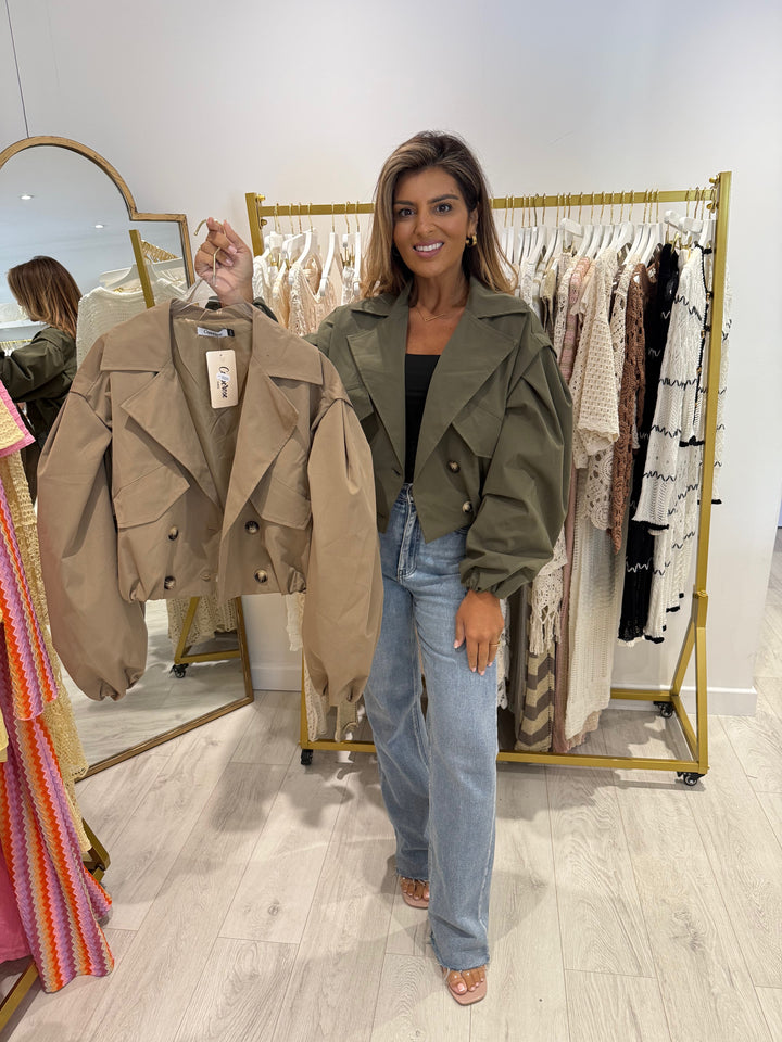 Collared Double Breasted Cropped Trench Balloon Sleeve Coat (2 Colours)