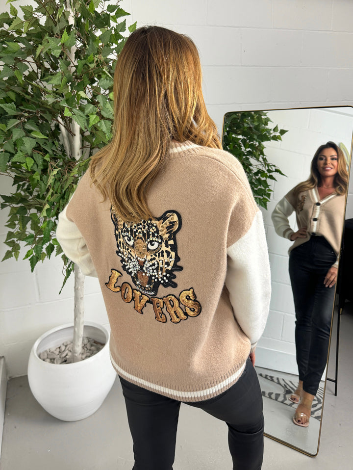 Camel & Cream Baseball Style Cardigan With Sequin Cheetah Detail