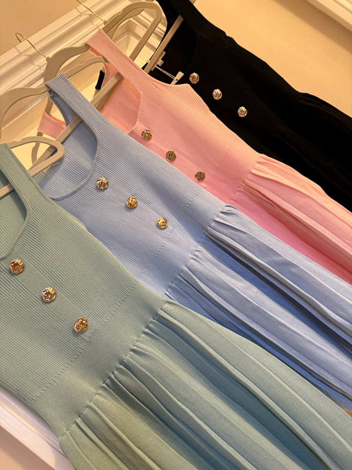 Gold Button Pleated Dress (5 Colours)