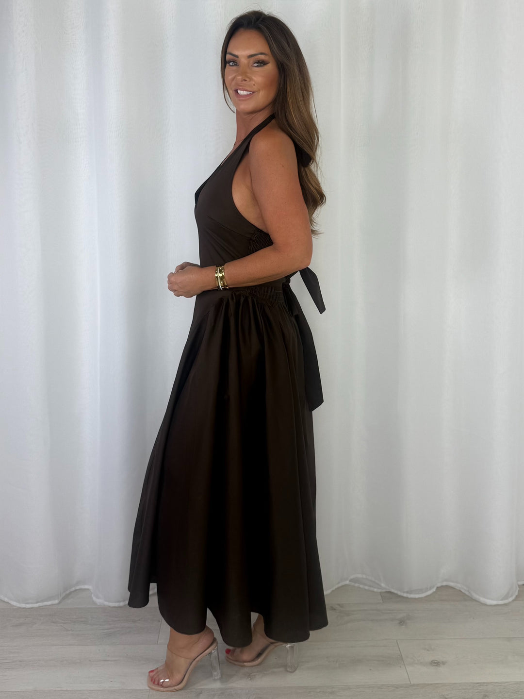 Low V-Neck Peplum Style Midi Dress (3 Colours)