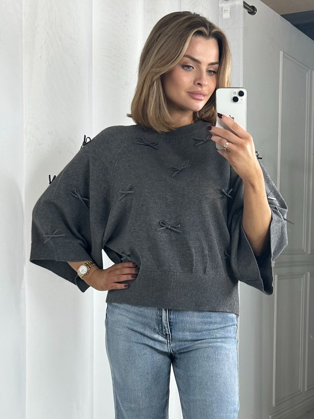 Grey Soft Knit Scattered Bow Detail Jumper