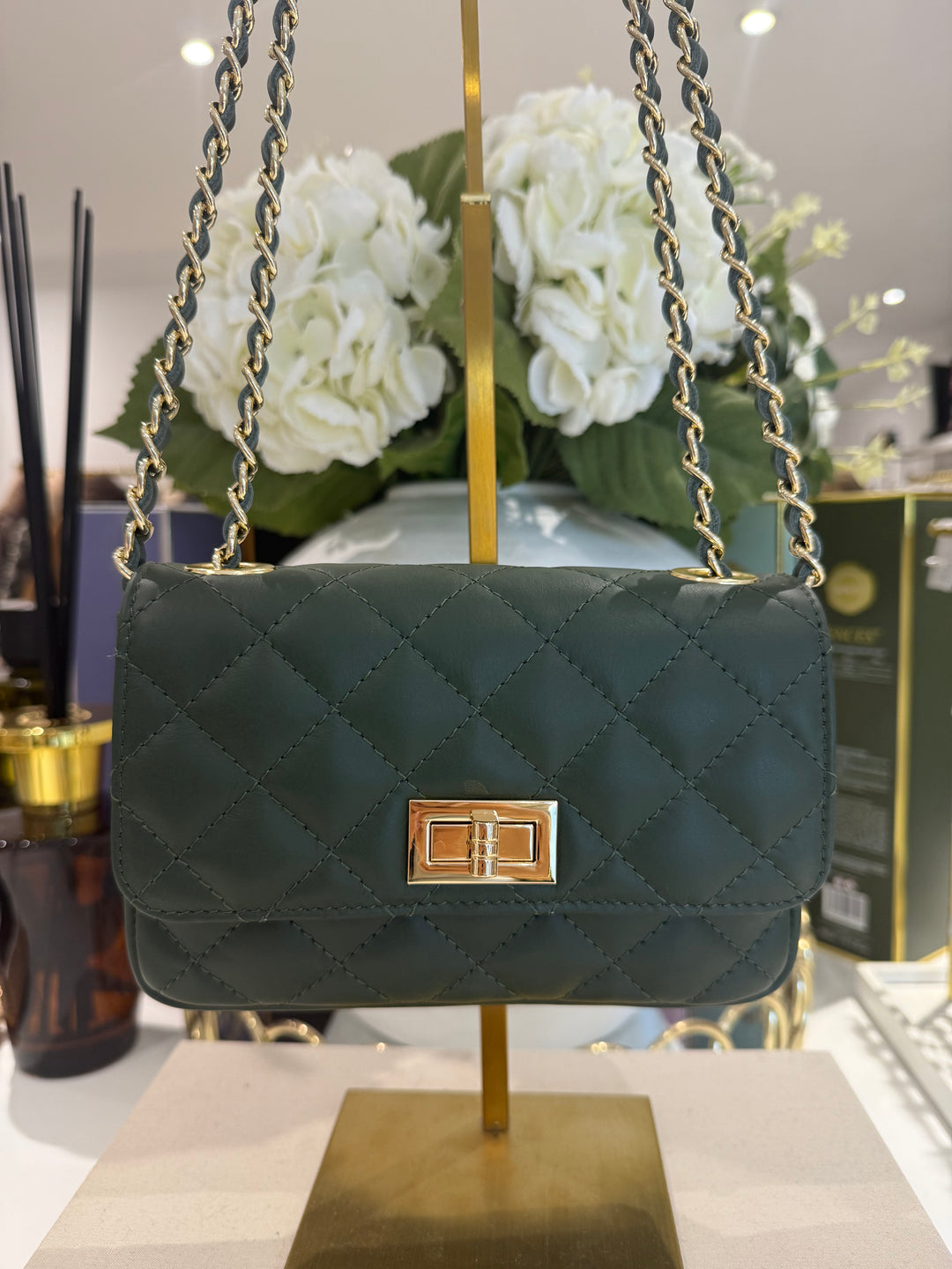 Genuine Leather Quilted Turn Lock Chain Handle Handbag (8 Colours)