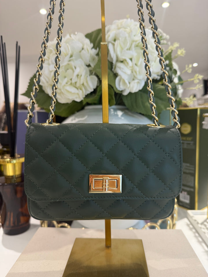 Genuine Leather Quilted Turn Lock Chain Handle Handbag (8 Colours)