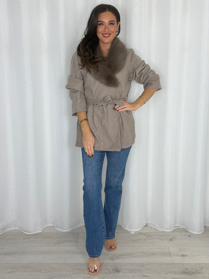 Faux Fur Collar Belted Wrap Cardigan