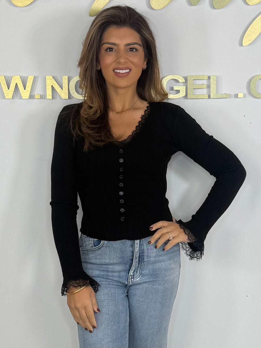 V-Neck Lace Trim Bell Sleeve Long Sleeve Top (4 Colours)