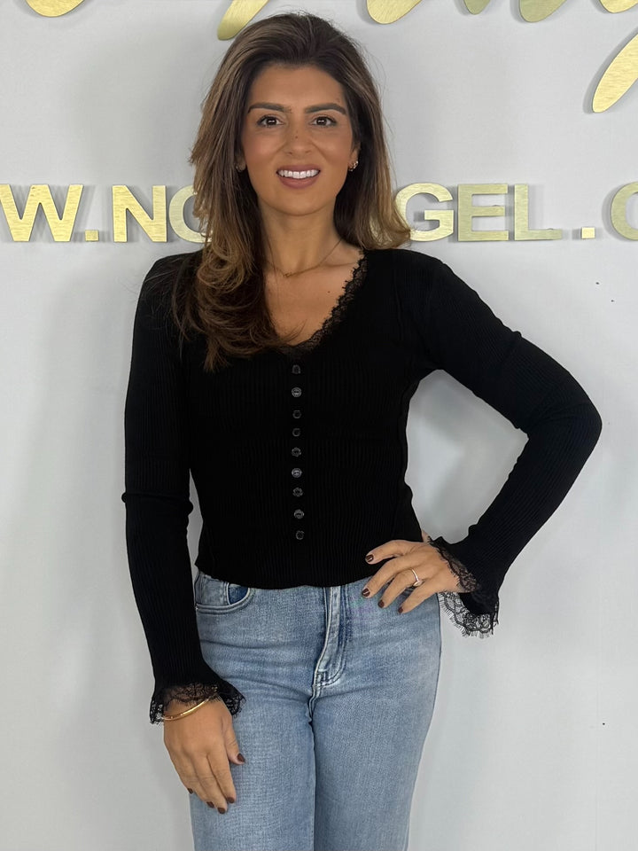 V-Neck Lace Trim Bell Sleeve Long Sleeve Top (4 Colours)