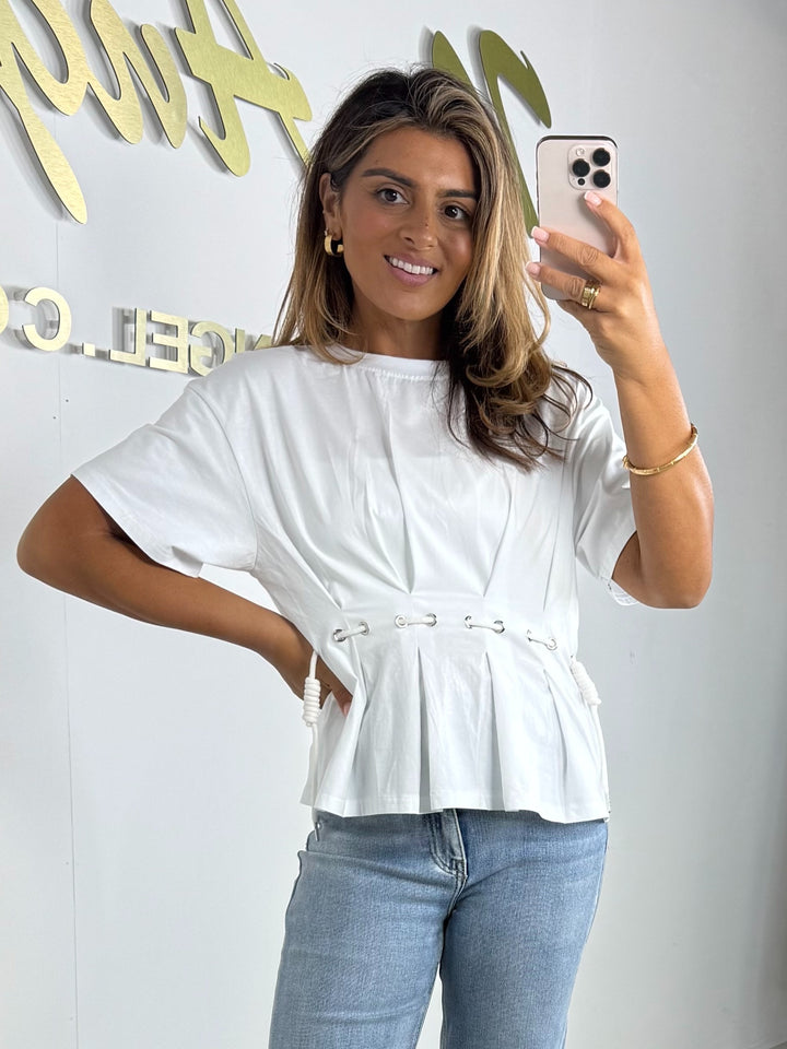 White Round Neck Rope Waist Detail Peplum T-Shirt