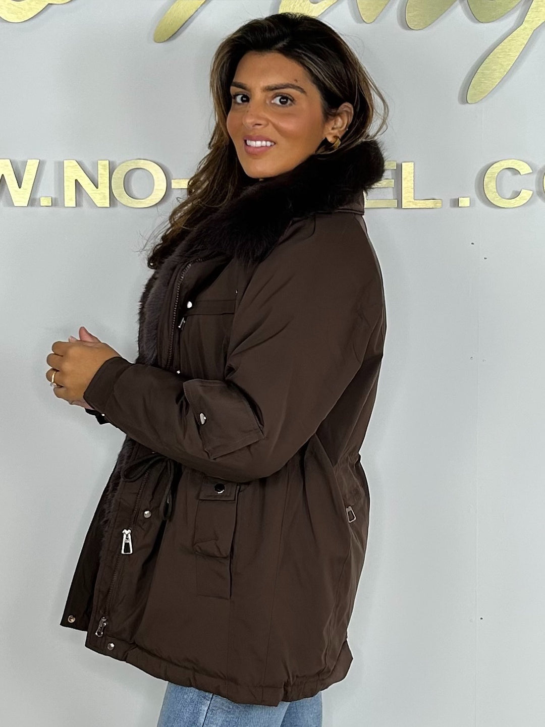 Brown Faux Fur Collared Drawstring Puffer Coat