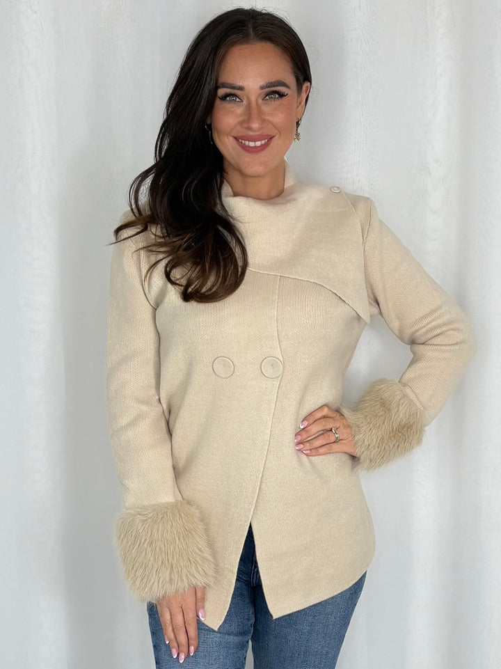 Faux Fur Cuff Double Breasted Knit Cardigan (4 Colours)