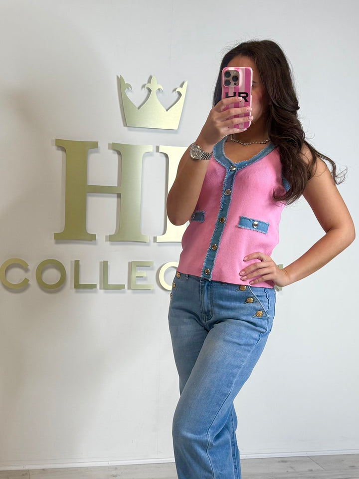 Ribbed V-Neck Denim Trim Gold Button Vest (2 Colours)