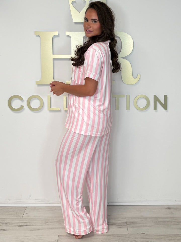 Short Sleeve Pink & White Stripe Trouser Pyjamas