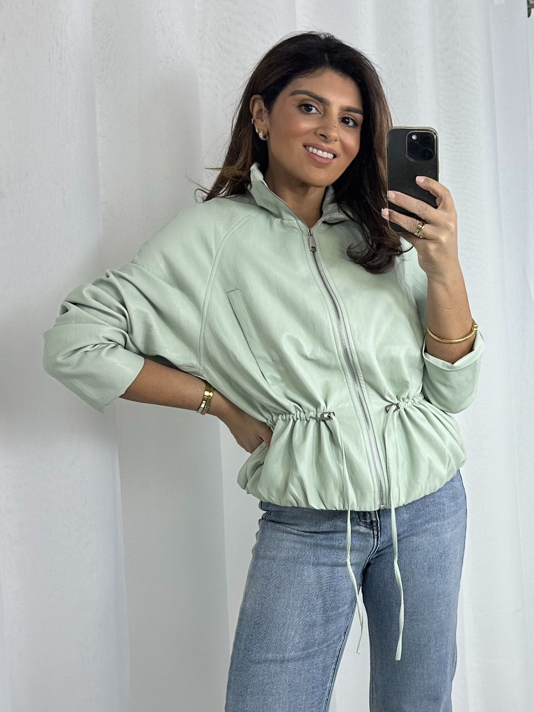 Faux Leather Drawstring Waist Zip Up Jacket (3 Colours)