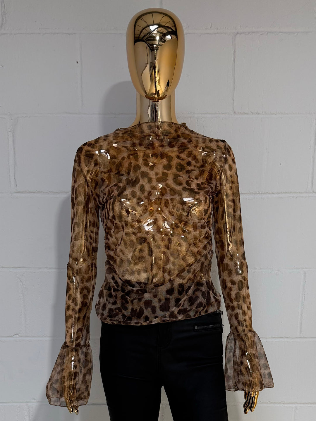 Leopard Mesh Bell Sleeve Top