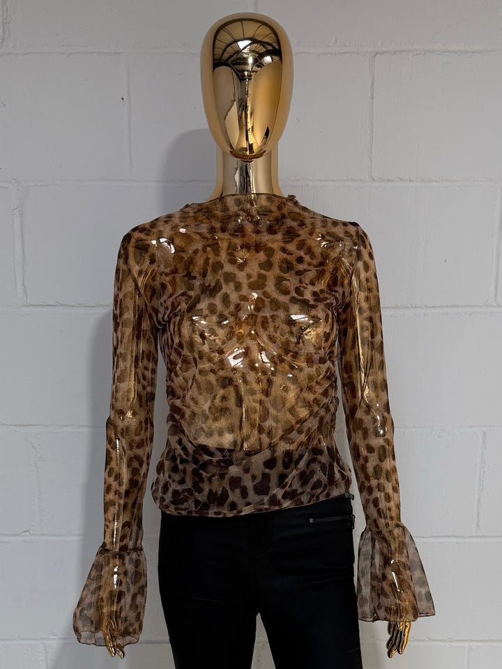 Leopard Mesh Bell Sleeve Top