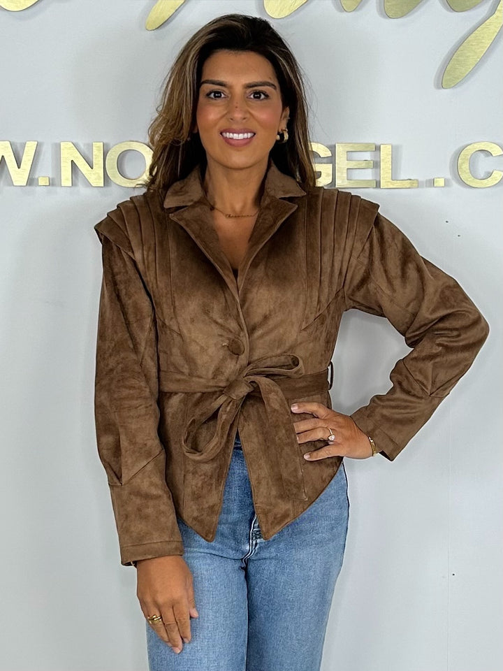 Suedette Collared Pleated Shoulder Belted Jacket (2 Colours)