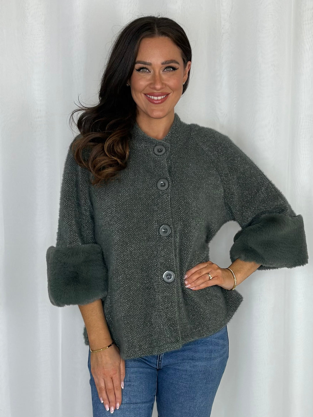 Faux Fur Cuff Textured Cardigan (8 Colours)