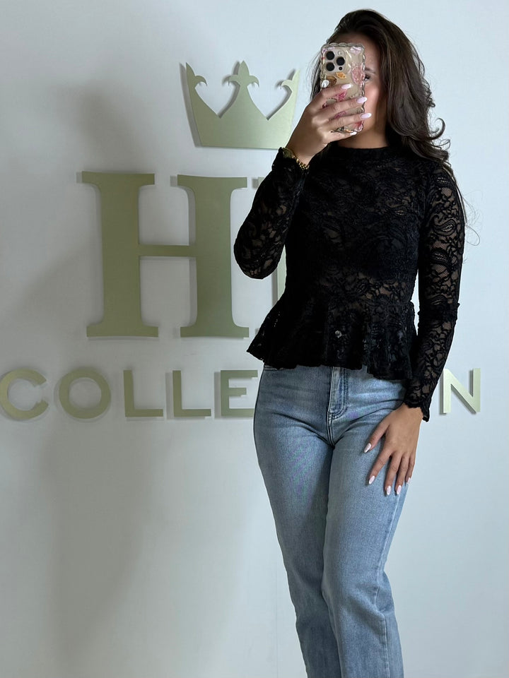 Lace Peplum Frill Long Sleeve Top (2 Colours)