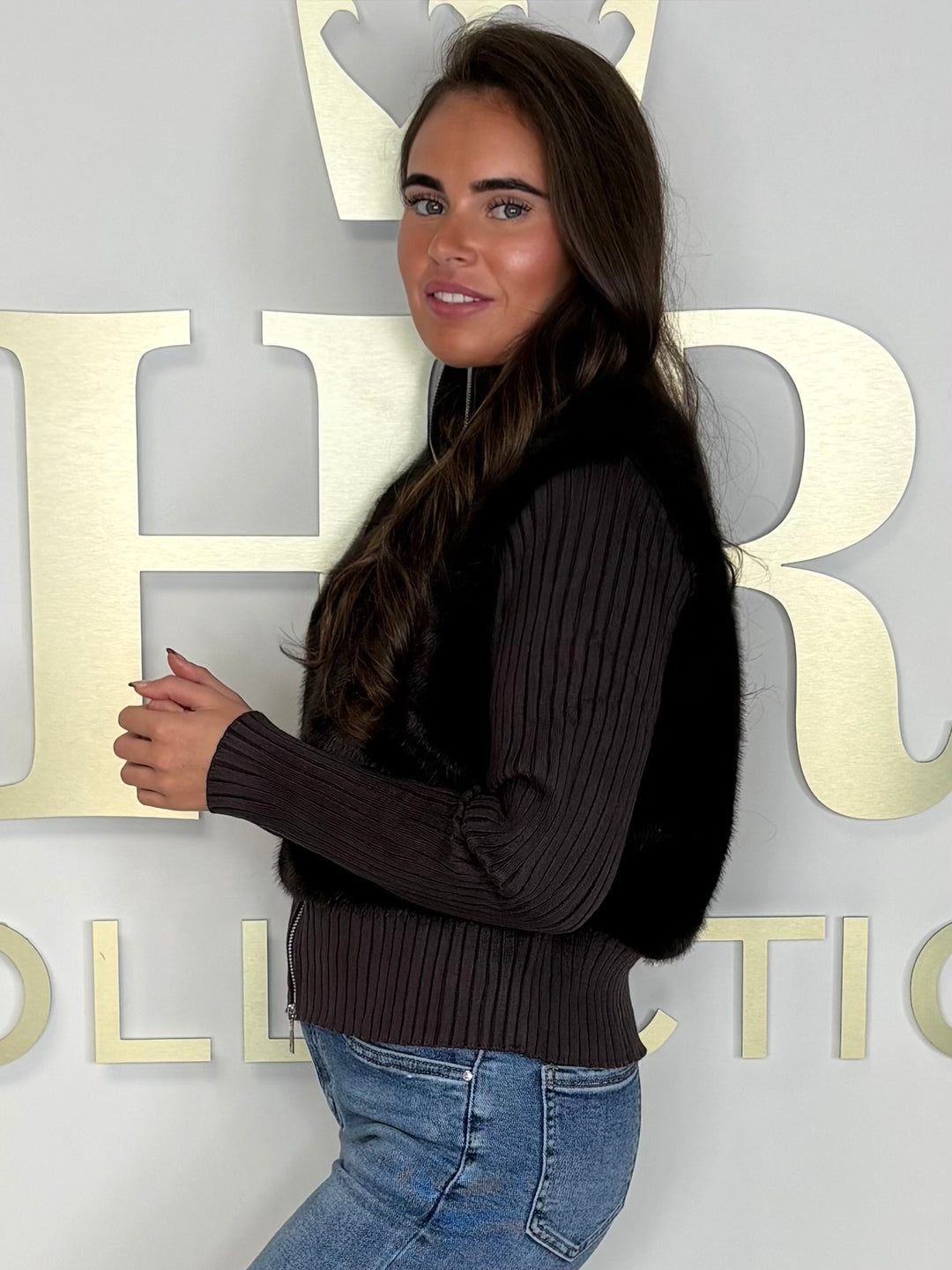 Ribbed Faux Fur Funnel Neck Jumper (2 Colours)