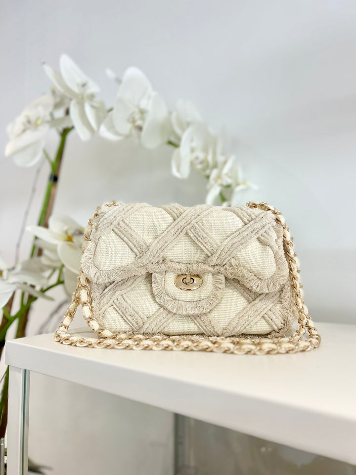 Raw Edge Gold Chain Turn Lock Canvas Handbag (2 Colours)