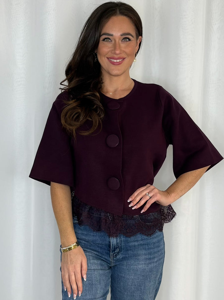 Large Covered Button Asymmetric Lace Trim Cardigan (7 Colours)