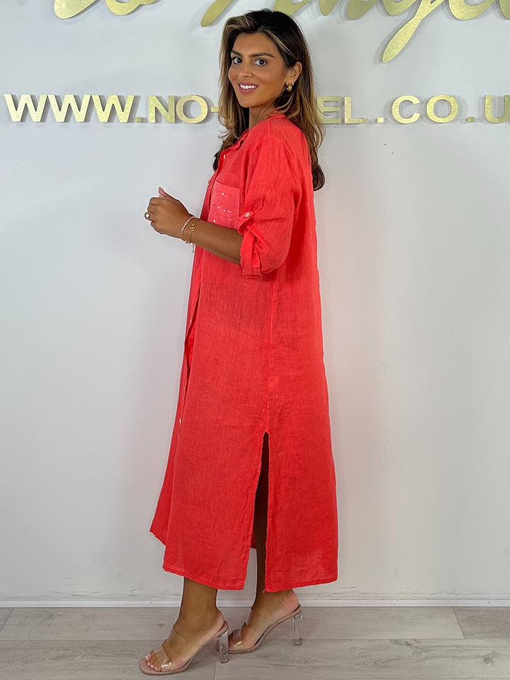 Sequin Pocket & Back Detail Linen Shirt Dress (5 Colours)