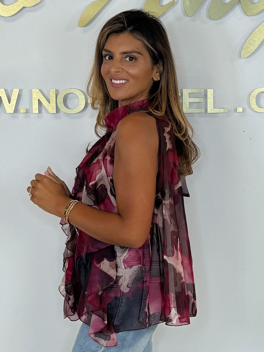 Printed Halter Neck Ruffle Sleeve Top (3 Colours)