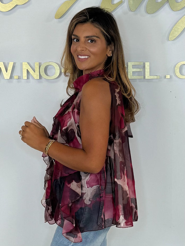 Printed Halter Neck Ruffle Sleeve Top (3 Colours)