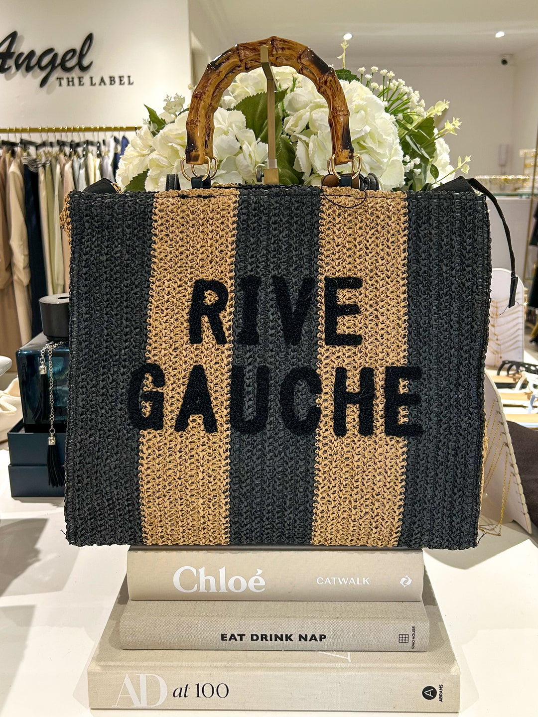 Rive Gauche Striped Beige & Taupe Bamboo Handle Bag (2 Colours)