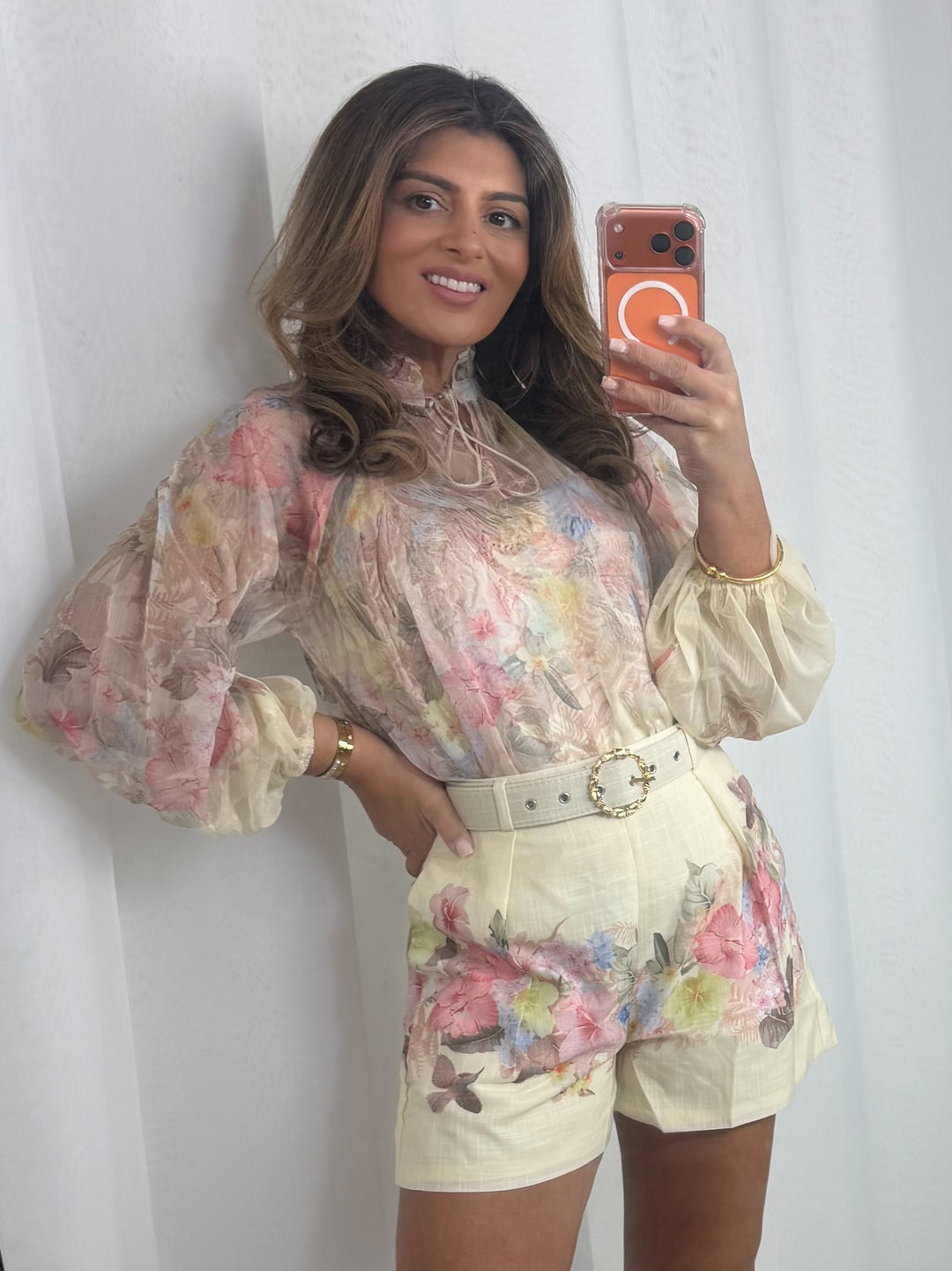 Bird Print Blouse And Buckle Shorts Co-Ord