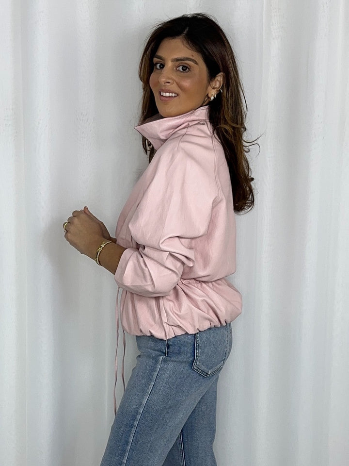 Faux Leather Drawstring Waist Zip Up Jacket (3 Colours)