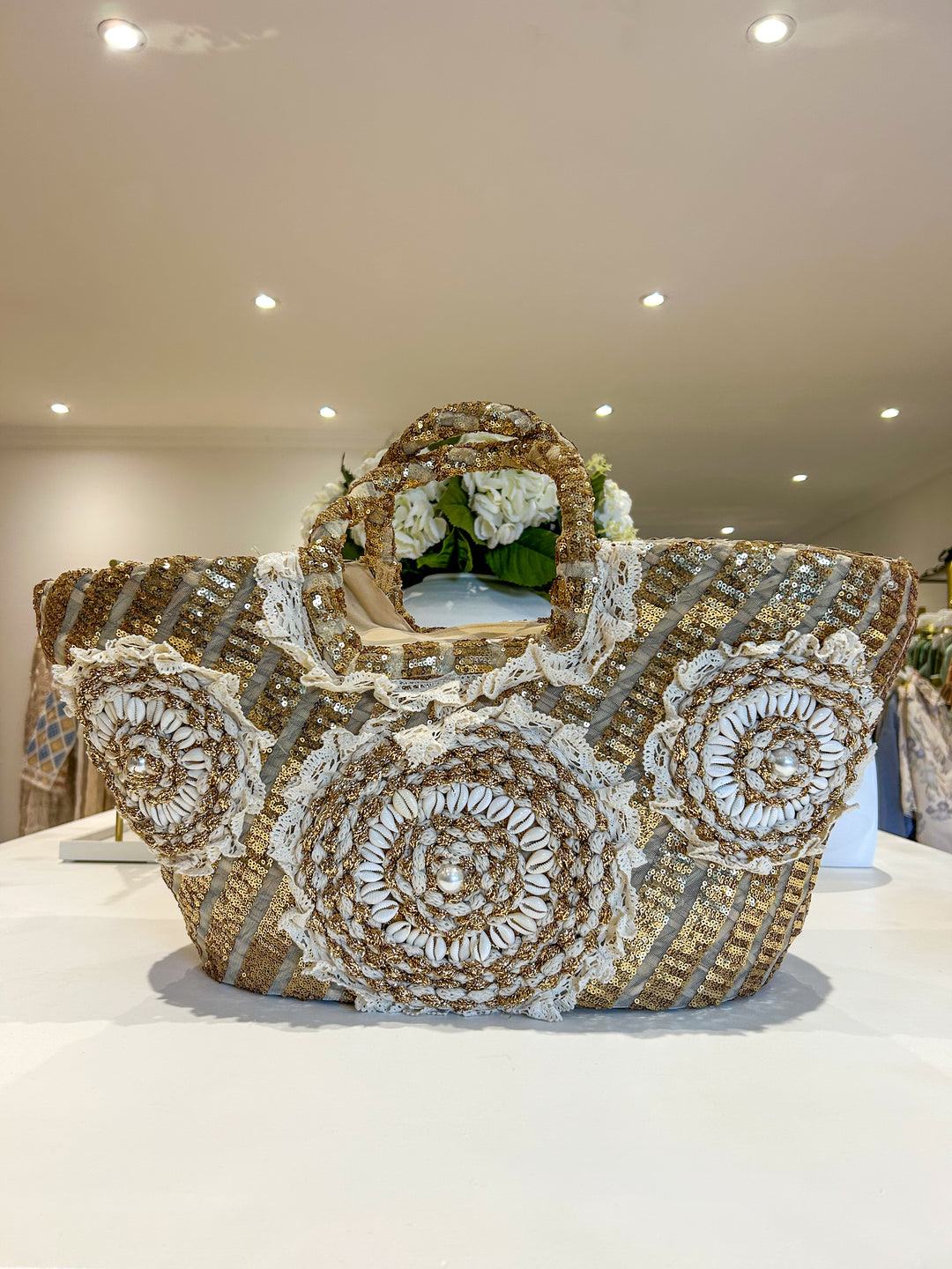 Shell Detail Shimmer Lace Woven Beach Bag (2 Colours)