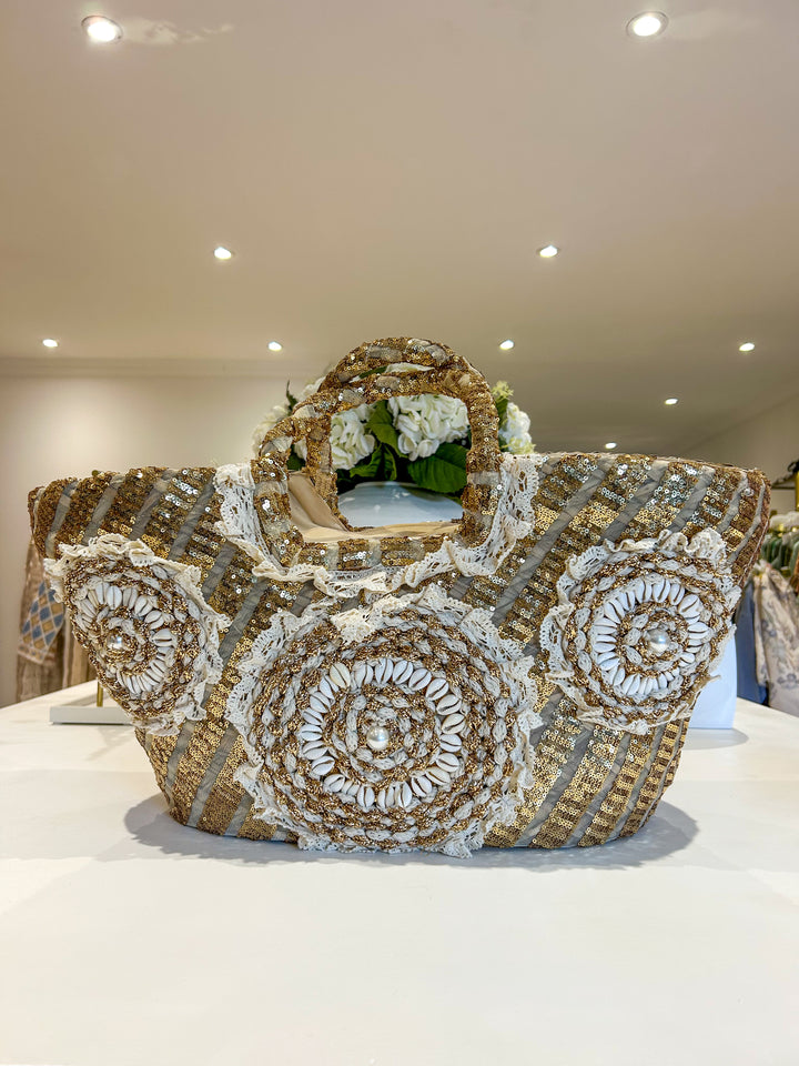Shell Detail Shimmer Lace Woven Beach Bag (2 Colours)