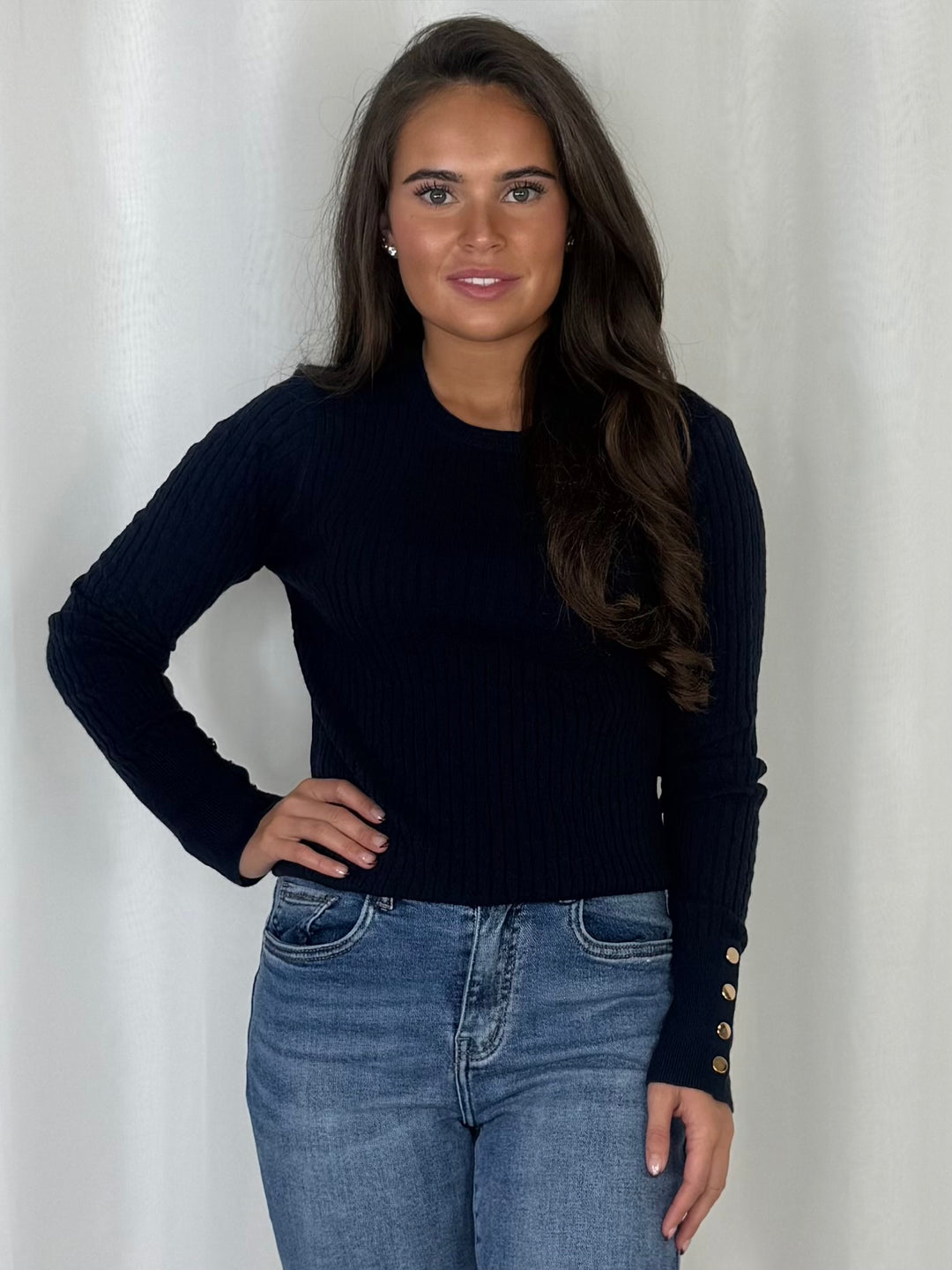 Fine Ribbed Knit Gold Button Cuff Jumper (6 Colours)