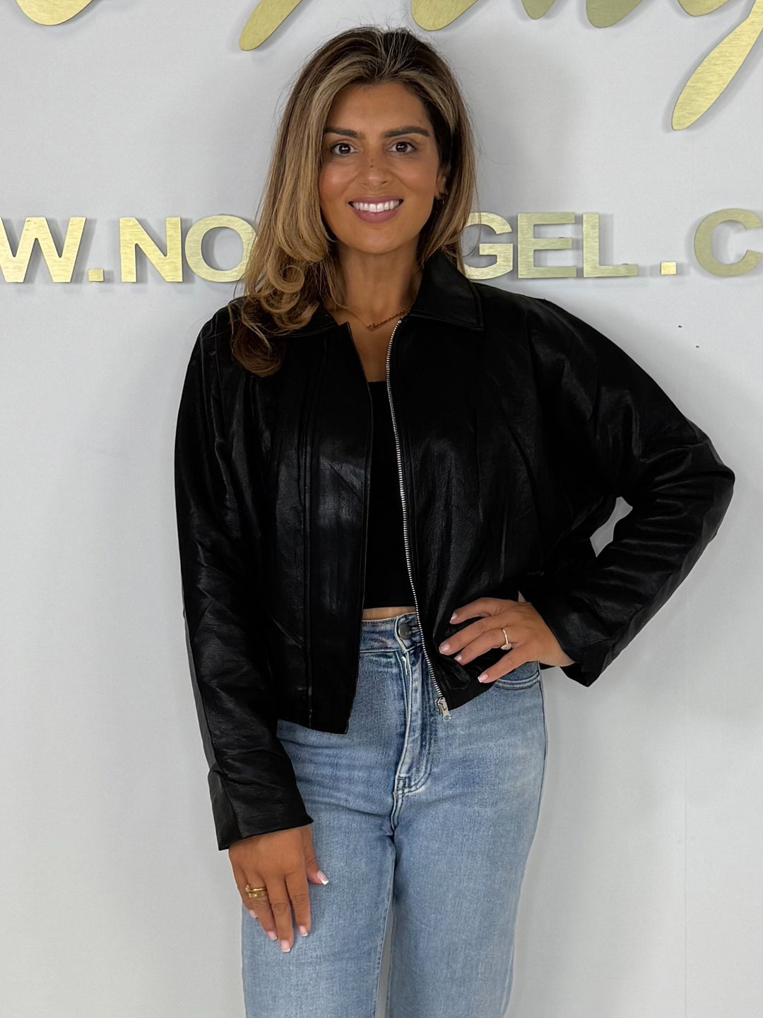 Collared Zip Up Leather Look Bomber Jacket (2 Colours)