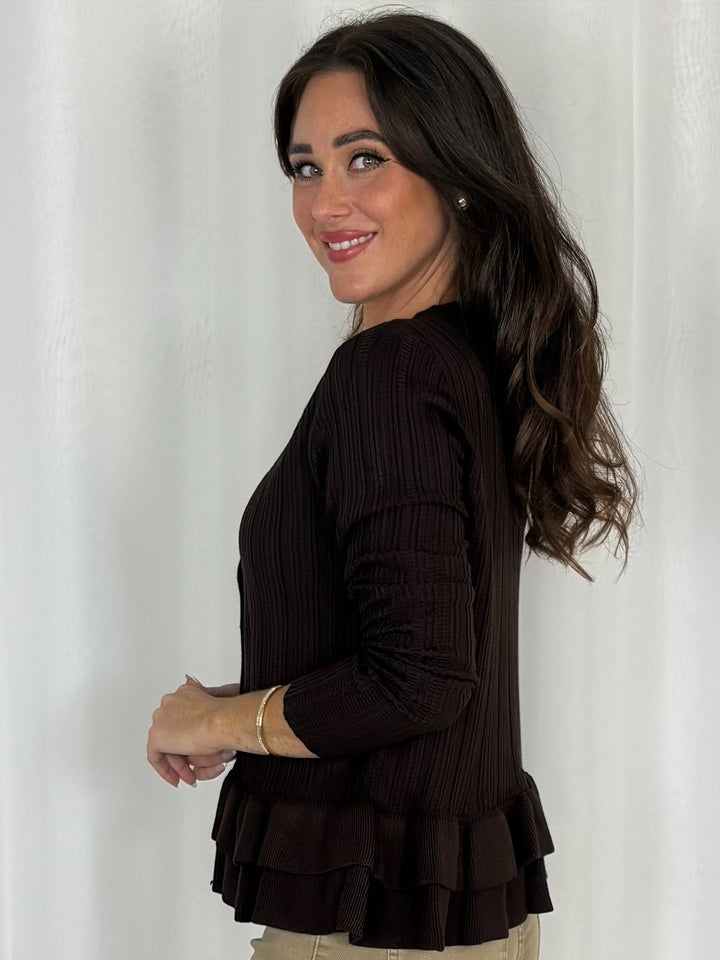 Ribbed Frill Trim Gold Button Top (3 Colours)