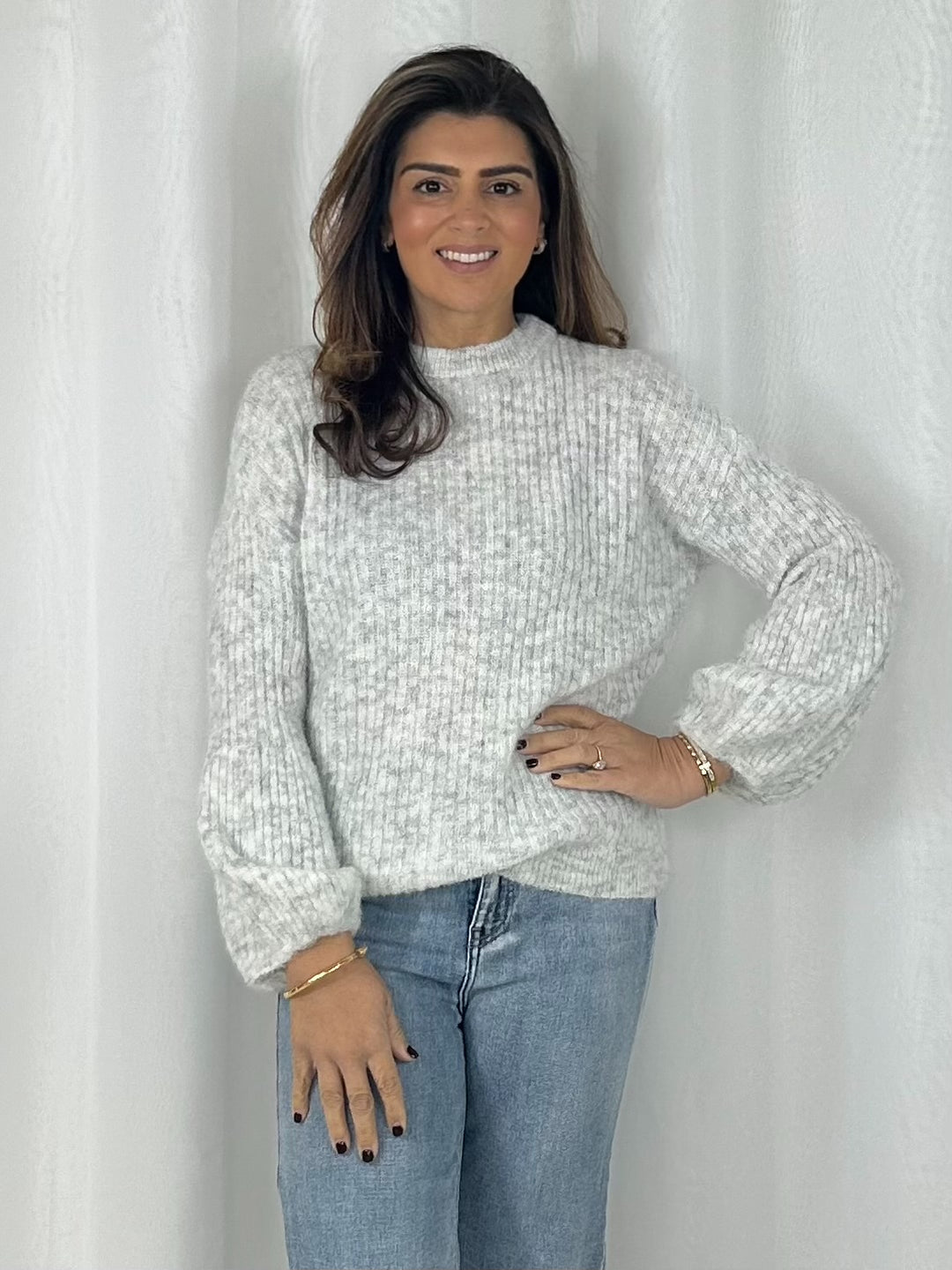 Balloon Sleeve Ribbed Round Neck Jumper (6 Colours)